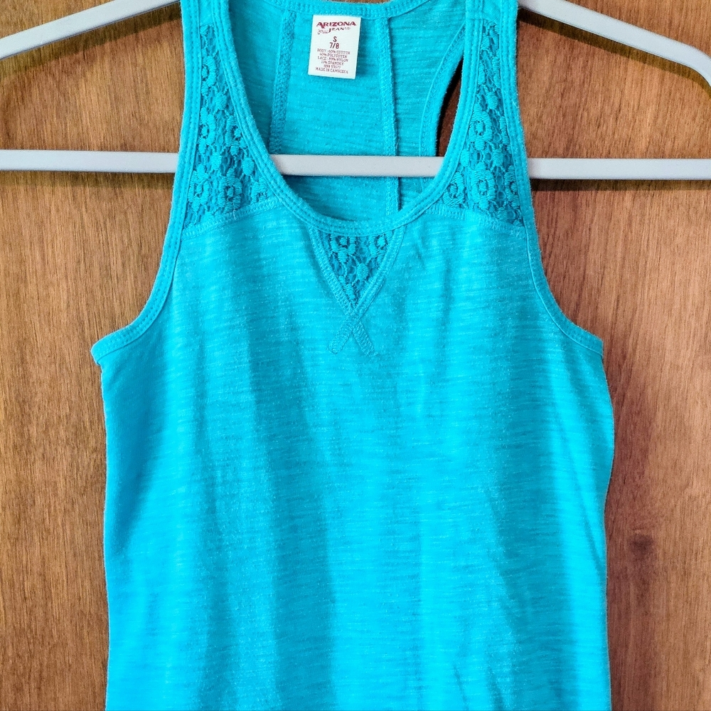 Arizona Jean Co Blue Sleeveless V-Neck Tank Top Lace Floral Accent Women S (7/8)